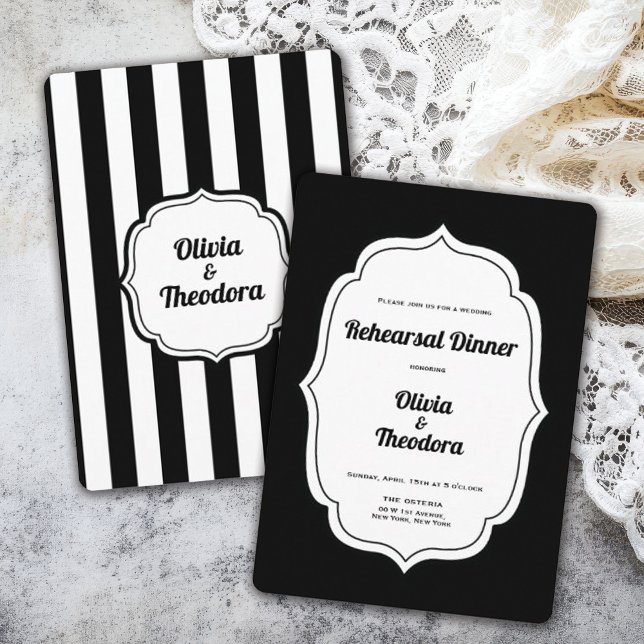 Invitación a la cena de ensayo de raya moderna vin (vintage modern elegant black and white stripe rehearsal dinner invitation. )