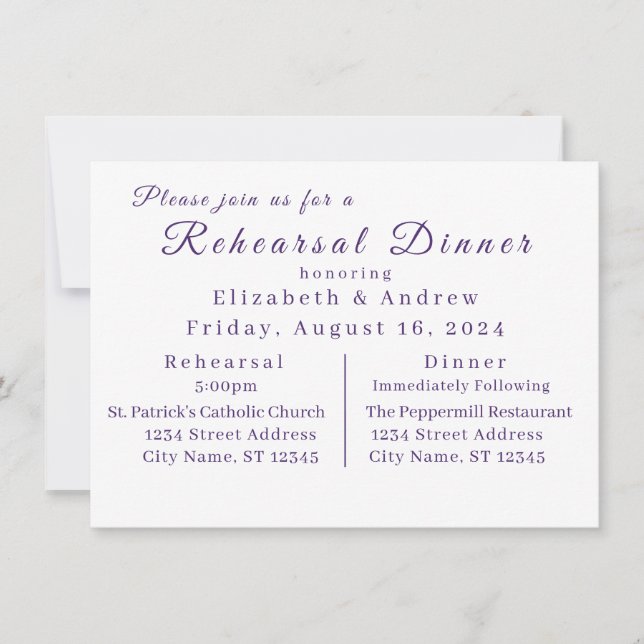 Invitación a la Cena de Ensayo de Violetas Elegant (Anverso)