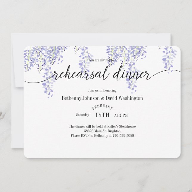 Invitación a la cena de ensayo de Wisteria (Anverso)