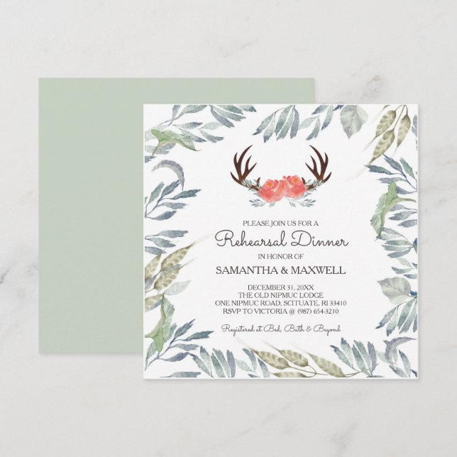 Invitación a la cena de ensayo DEER ANTLER & Green (Anverso / Reverso)