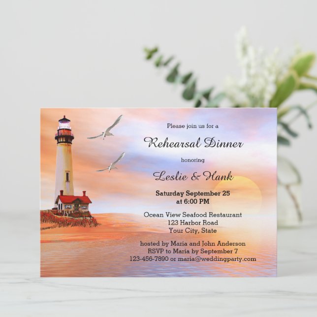 Invitación a la cena de ensayo del faro de playa (Anverso de pie)