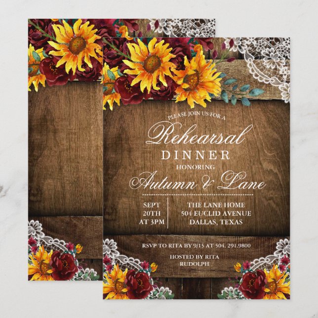 Invitación a la cena de ensayo del girasol rústico (Anverso / Reverso)