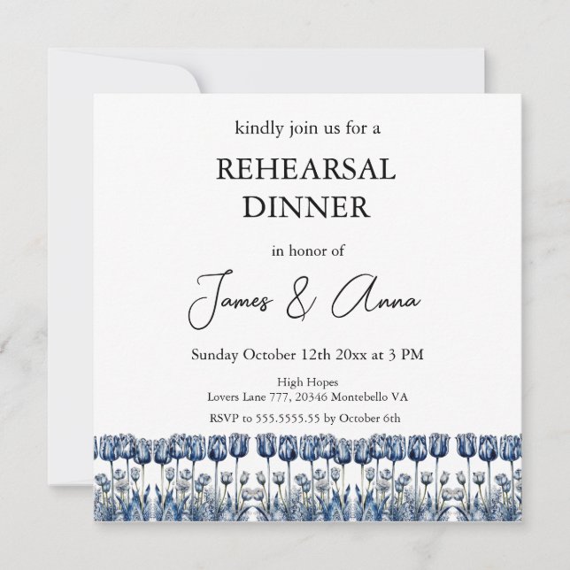 Invitación a la cena de ensayo del tulipán azul de (Anverso)