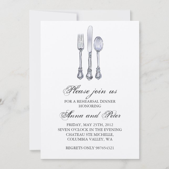 Invitación a la cena de ensayo - Elegante Silverwa (Anverso)