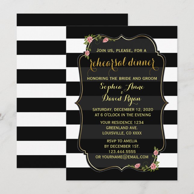 Invitación a la cena de ensayo Floral Black White  (Anverso / Reverso)
