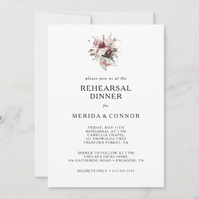 Invitación a la cena de ensayo floral de Boho Borg (Anverso)