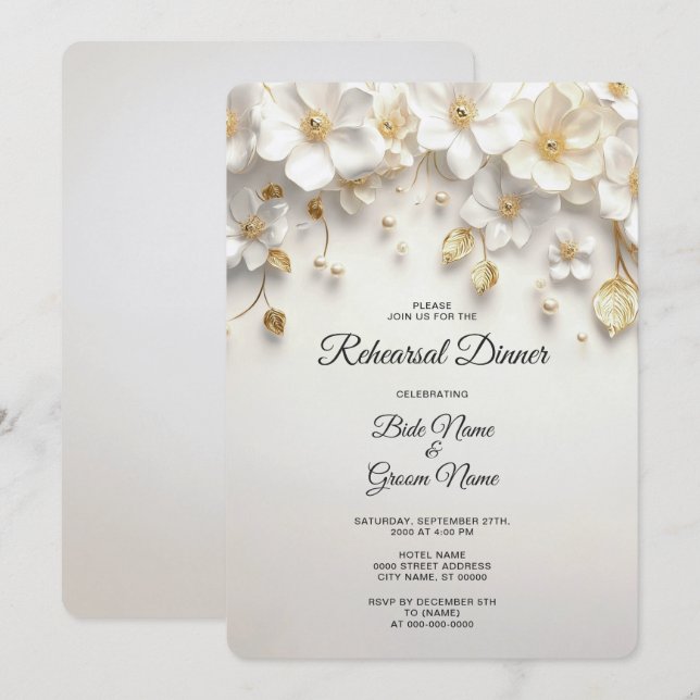 Invitación a la cena de ensayo floral de marfil bl (Anverso / Reverso)