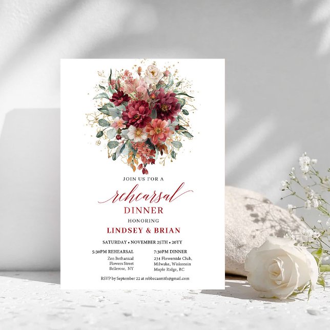 Invitación a la cena de ensayo floral de otoño bor (Tender Fall Burgundy Floral Rehearsal Dinner Invite

)