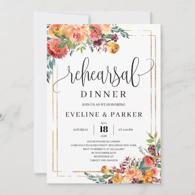 Invitación a la cena de ensayo floral del naranja  (Anverso)