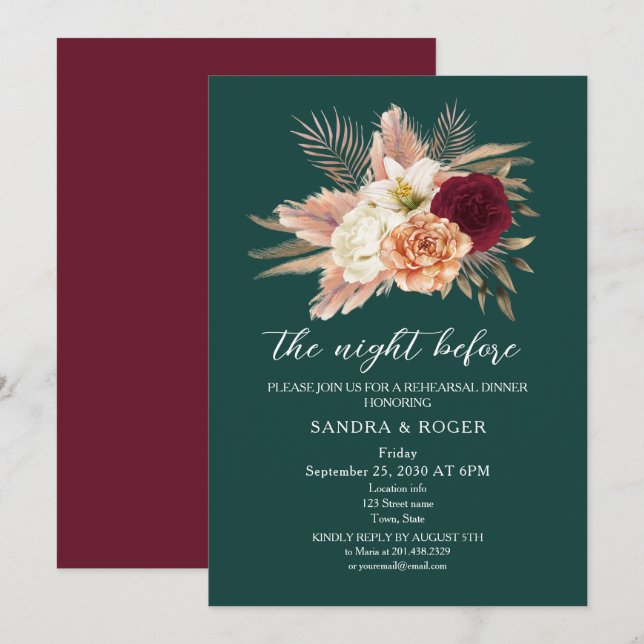 Invitación a la Cena de Ensayo Floral Esmeralda (Anverso / Reverso)