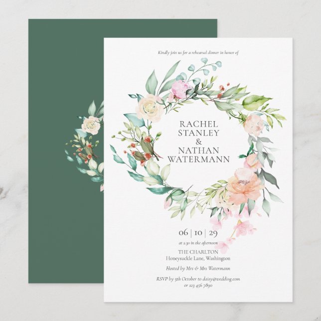 Invitación a la cena de ensayo floral Rosa de país (Anverso / Reverso)