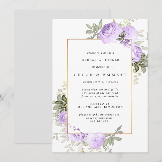 Invitación a la cena de ensayo floral Rosa púrpura (Anverso / Reverso)