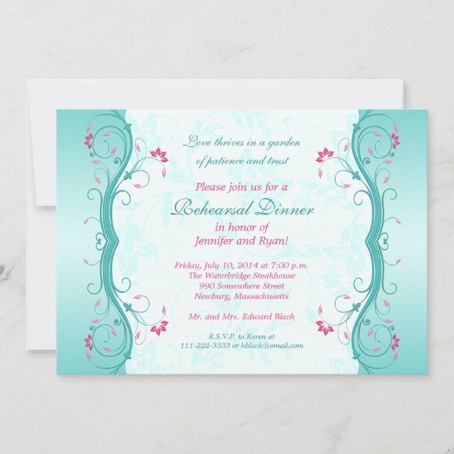 Invitación a la cena de ensayo floral rosa turques (Anverso)