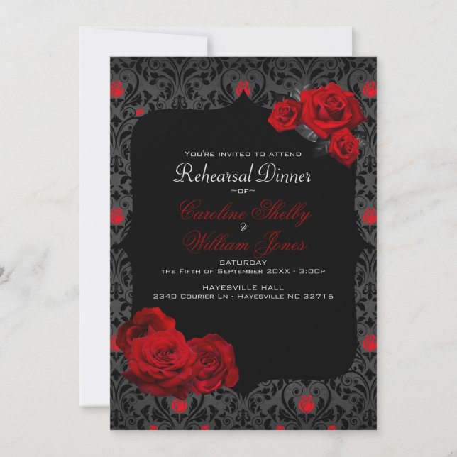 Invitación a la cena de ensayo negro y rojo Rosa g (Anverso)