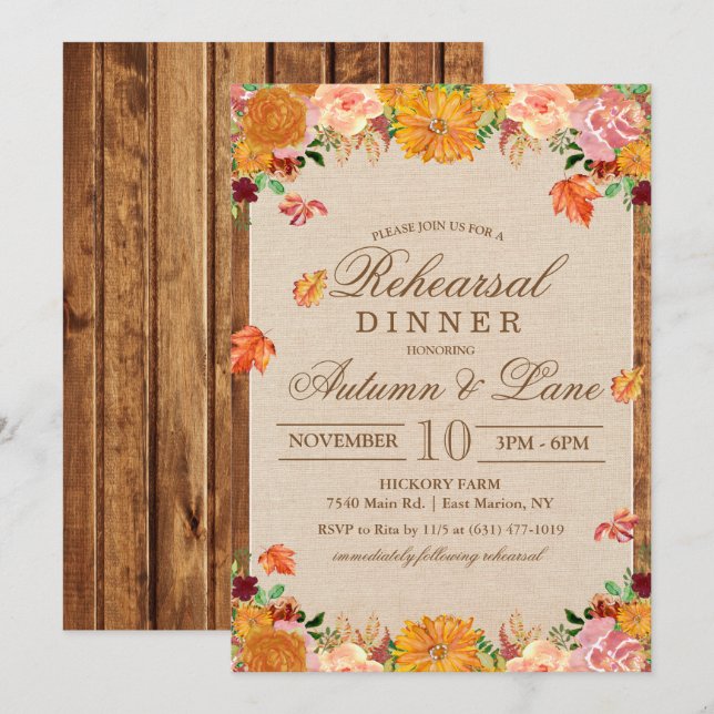 Invitación a la cena de ensayo rústica de otoño (Anverso / Reverso)