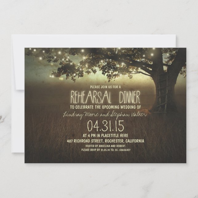 invitación a la cena de ensayo rústico con luces d (Anverso)