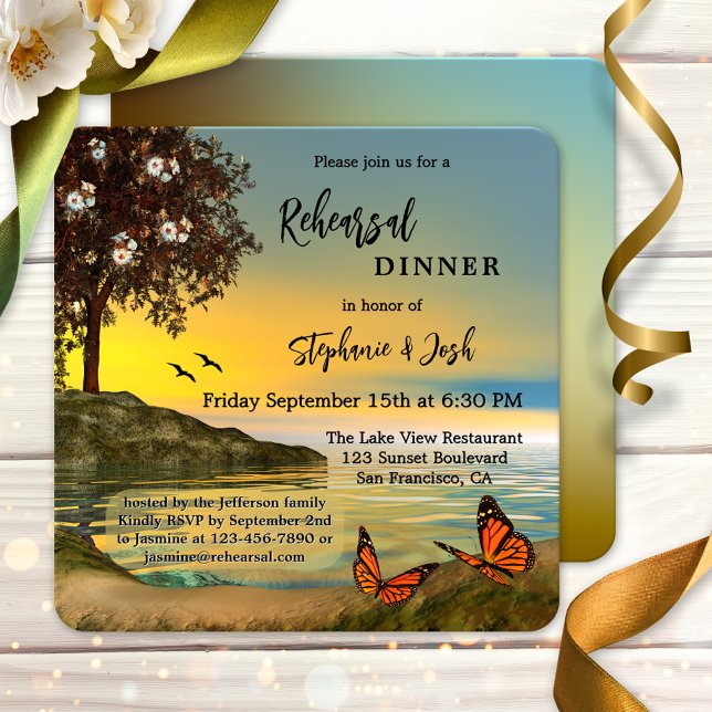Invitación a la cena de ensayo sobre el lago Butte (Rehearsal Dinner invitation featuring a painting of a coastal landscape scene with butterflies)
