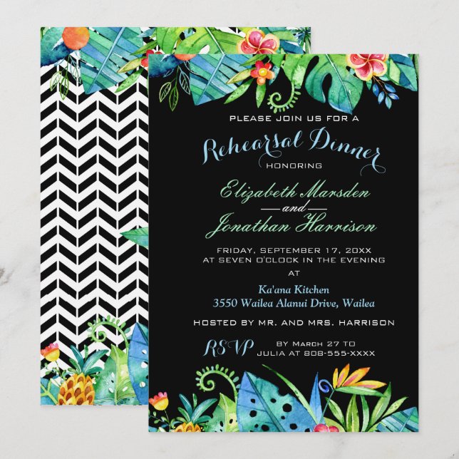 Invitación a la cena de ensayo tropical floral neg (Anverso / Reverso)