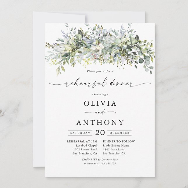 Invitación a la cena de eucalipto Ensayos florales (Anverso)