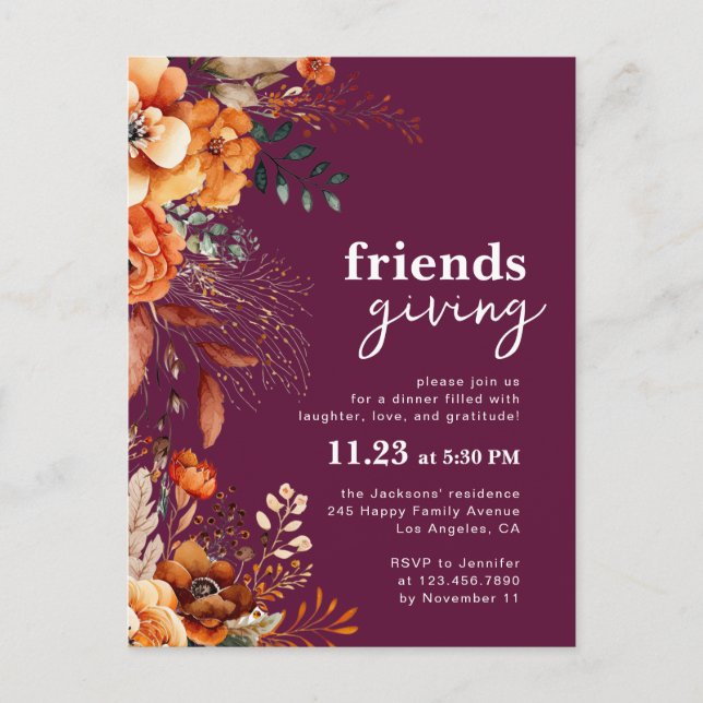 Invitación a la cena de Friendsgiving con flores o (Anverso)
