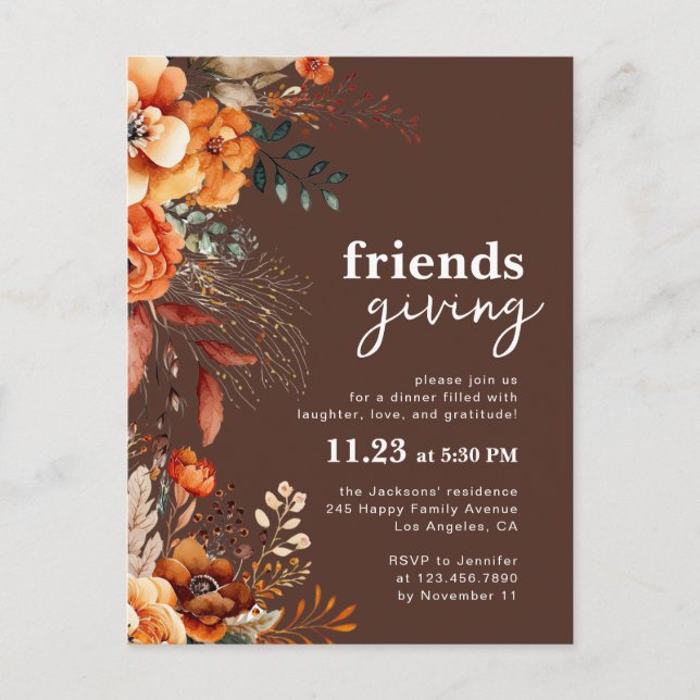 Invitación a la cena de Friendsgiving con flores o (Anverso)