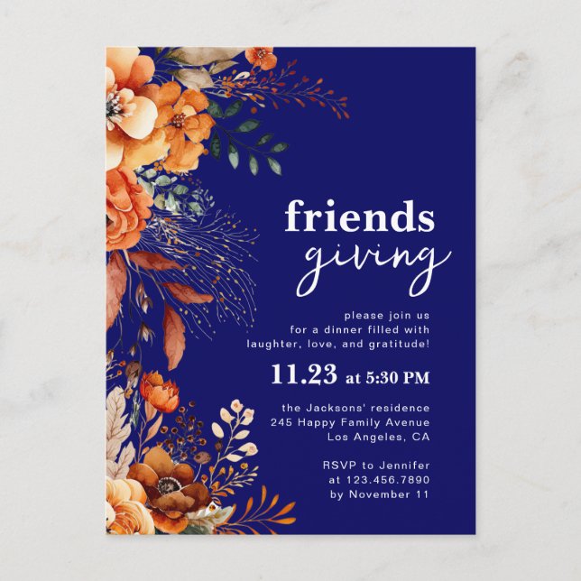 Invitación a la cena de Friendsgiving con flores o (Anverso)