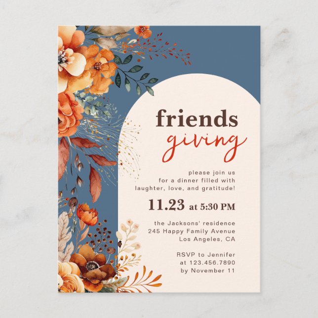 Invitación a la cena de Friendsgiving con flores o (Anverso)