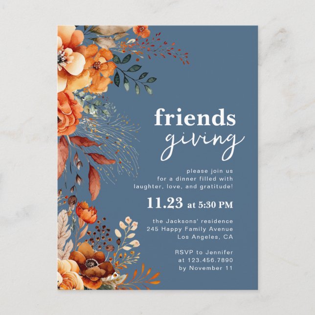 Invitación a la cena de Friendsgiving floral otoña (Anverso)