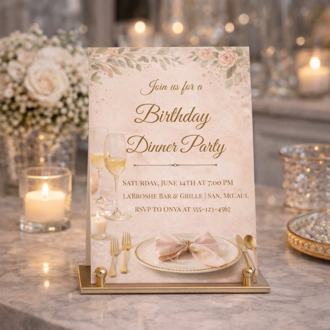 Invitación a la cena de gala en dorado rosado (Blush florals and gold detail set the tone for a refined birthday dinner gathering)
