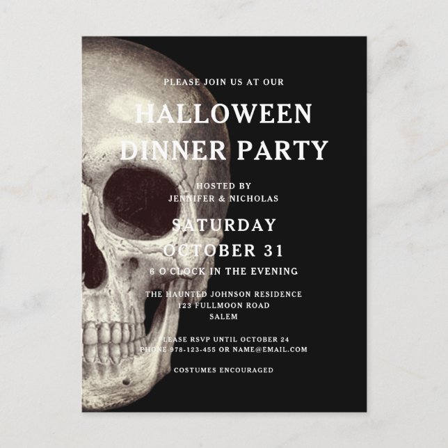 Invitación a la cena de Halloween con el cráneo de (Anverso)