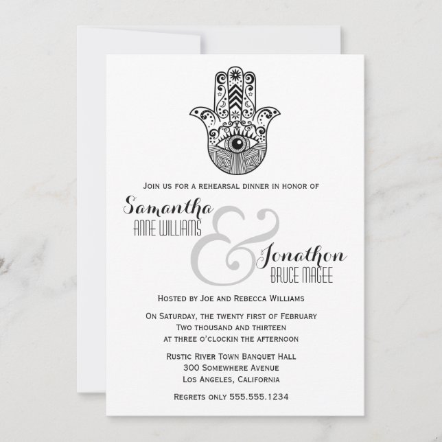 Invitación a la cena de Hamsa Boda Reheasal (Anverso)
