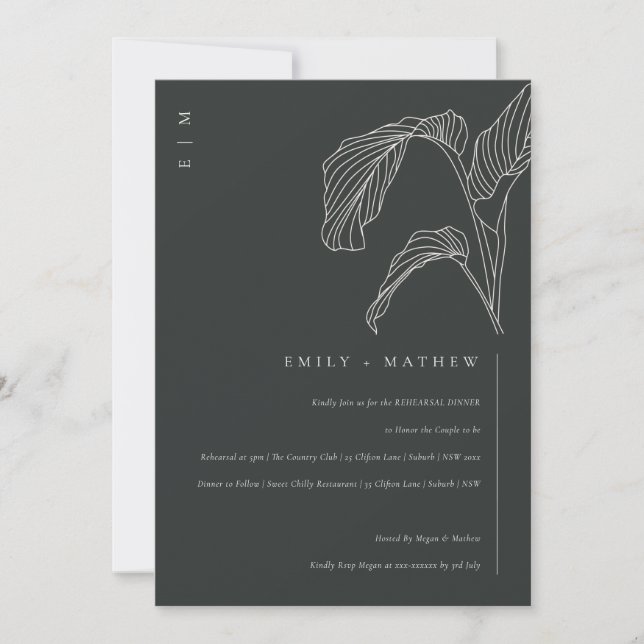Invitación a la cena de Leafy Palm Black White (Anverso)