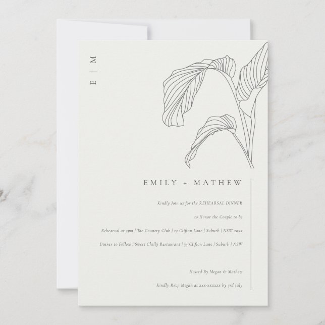 Invitación a la cena de Leafy Palm Black White (Anverso)