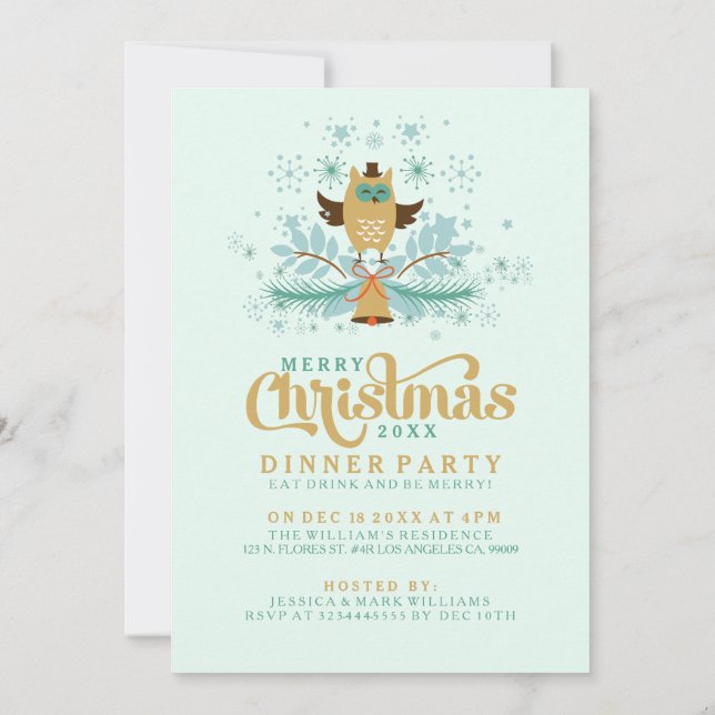 Invitación A La Cena De Los navidades Owl, Bell Y  (Reverso)