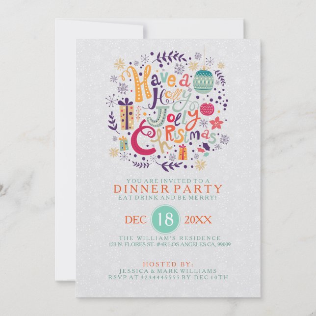 Invitación a la cena de los Navidades Retro Holly  (Reverso)
