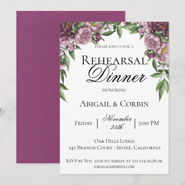 Invitación a la cena de Mauve Floral (Anverso / Reverso)