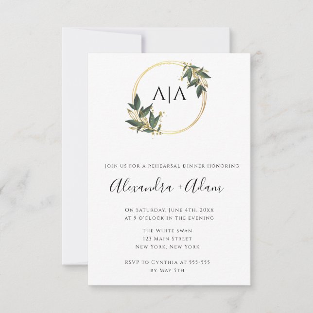 Invitación a la cena de monograma de verde dorado (Anverso)