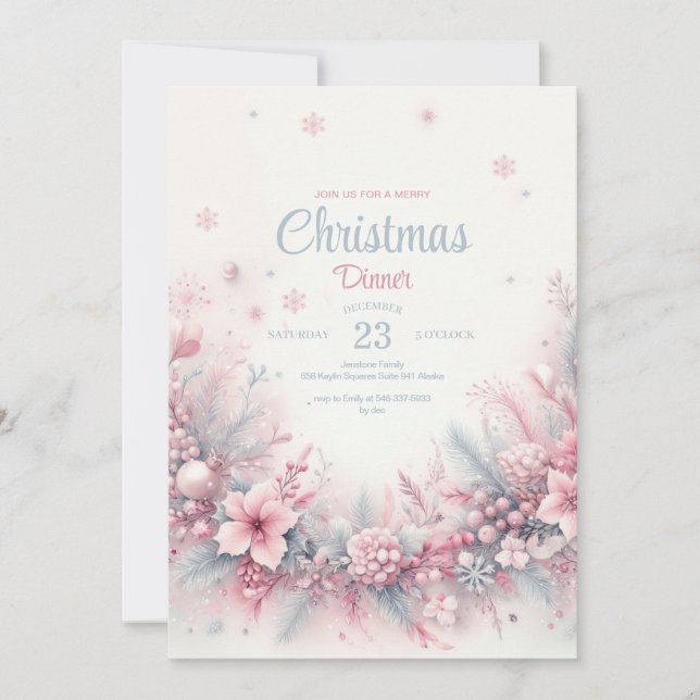 Invitación a la cena de Navidades color agua rosa (Anverso)