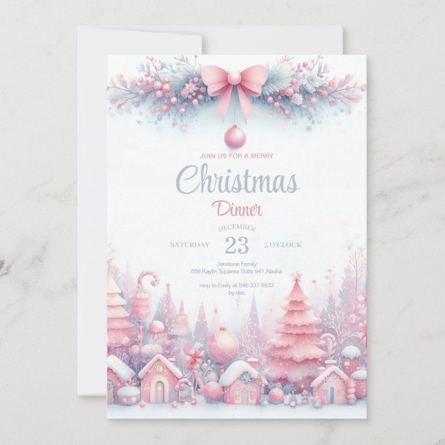 Invitación a la cena de Navidades color agua rosa (Anverso)