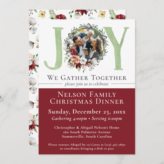 Invitación a la cena de Navidades de algodón flora (Anverso / Reverso)