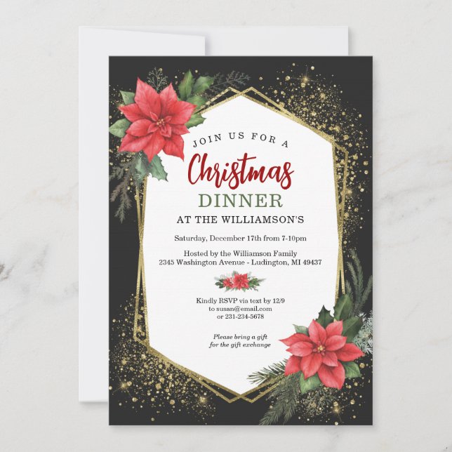 Invitación a la cena de Navidades de lujo negros y (Anverso)