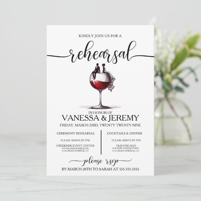 Invitación a la cena de Pareja de Vino Rojo (Anverso de pie)