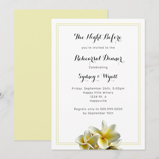 Invitación a la cena de Plumeria Flor Amarillo (Anverso / Reverso)