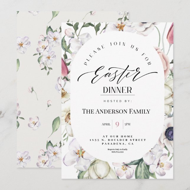 Invitación a la cena de primavera con acuarela flo (Anverso / Reverso)