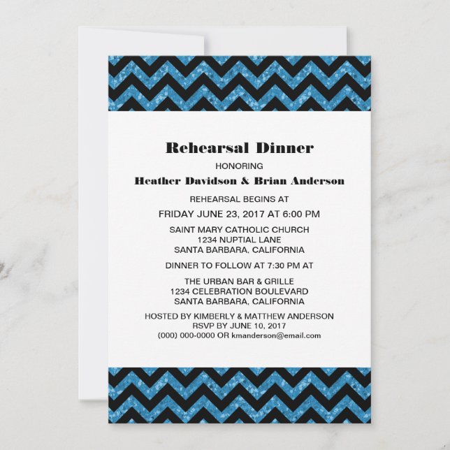 Invitación a la cena de Purpurina de Chevron Azul (Anverso)