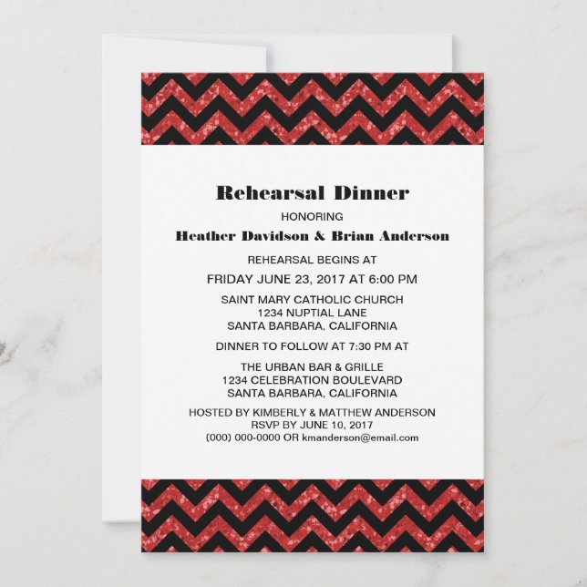 Invitación a la cena de Purpurina de Chevron Rojo (Anverso)