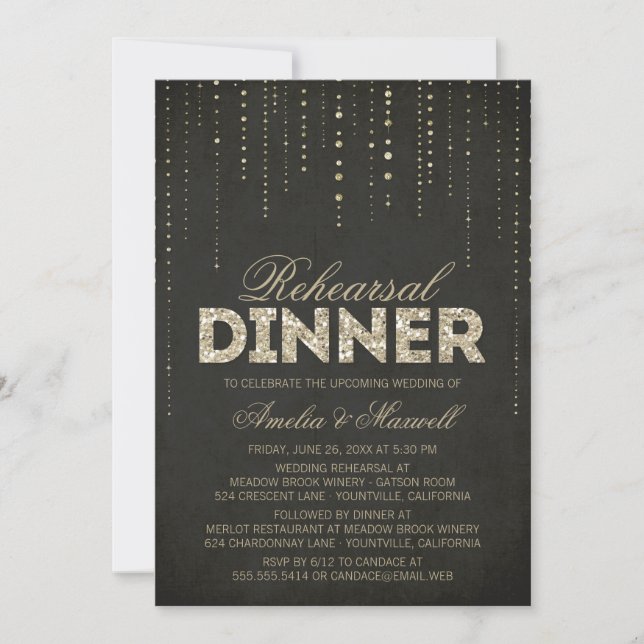 Invitación a la cena de Purpurina negro y oro (Anverso)