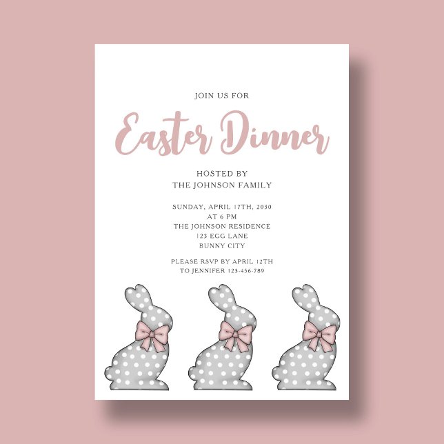 Invitación a la cena de Semana Santa de Conejo Ros (Cute Pink Bunny Easter Dinner Invitation)