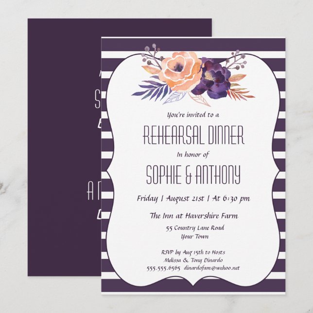 Invitación a la cena de un Boda floral de ciruelas (Anverso / Reverso)