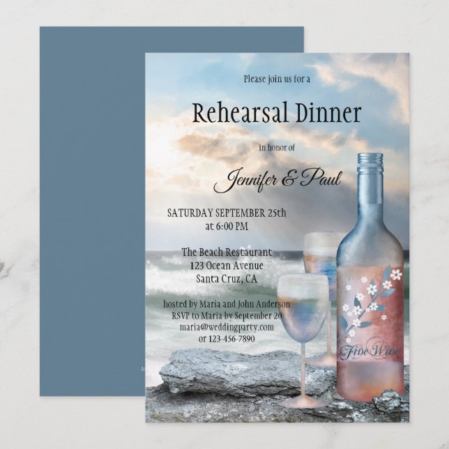 Invitación a la cena de un ensayo de playa y vino  (Anverso / Reverso)